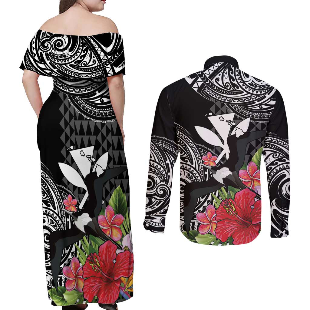Hawaii Iwa Bird Couples Matching Off Shoulder Maxi Dress and Long Sleeve Button Shirt Great Frigatebird Kanaka Tropical Flowers - Polynesian Pride