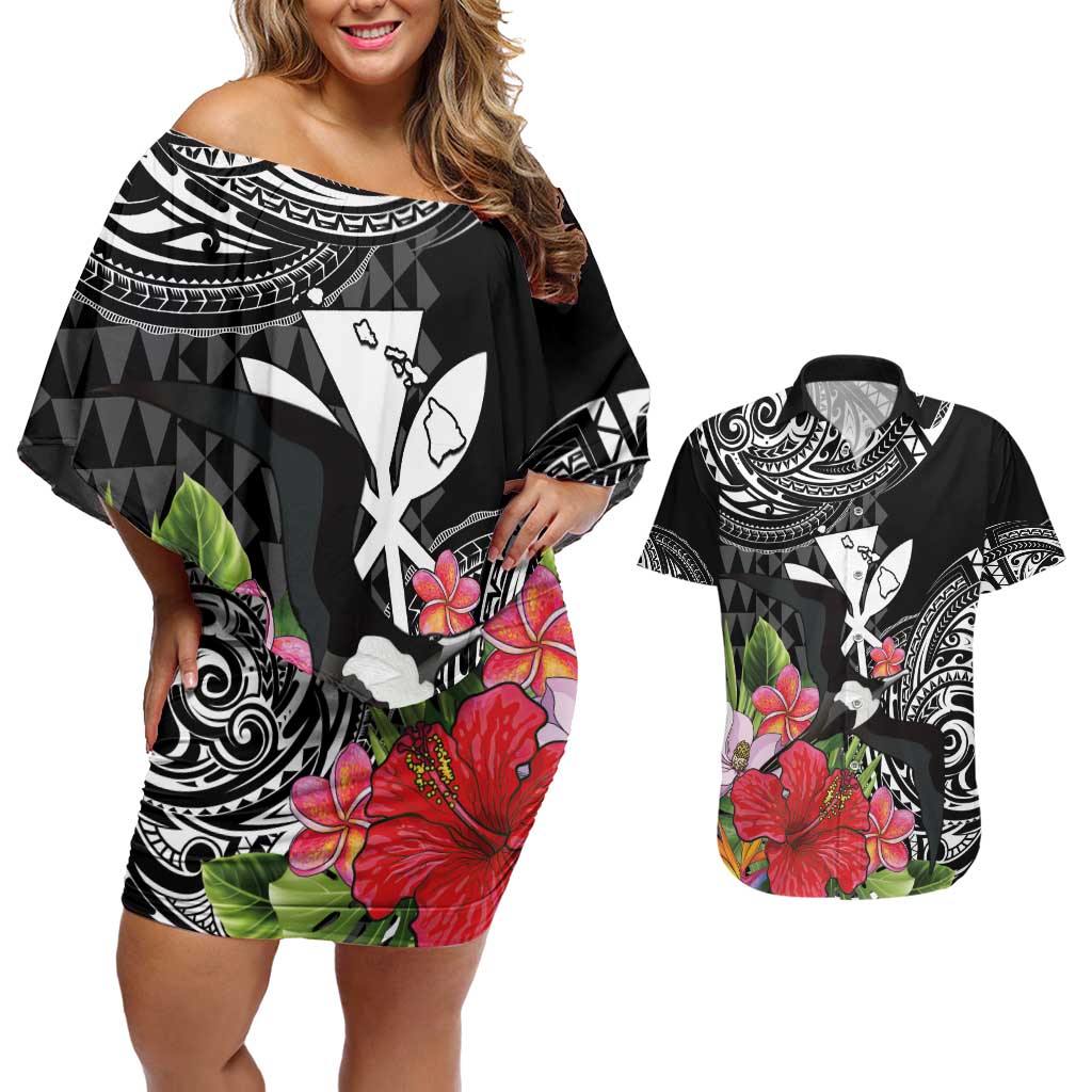 Hawaii Iwa Bird Couples Matching Off Shoulder Short Dress and Hawaiian Shirt Great Frigatebird Kanaka Tropical Flowers - Polynesian Pride