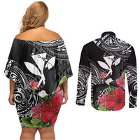Hawaii Iwa Bird Couples Matching Off Shoulder Short Dress and Long Sleeve Button Shirt Great Frigatebird Kanaka Tropical Flowers - Polynesian Pride