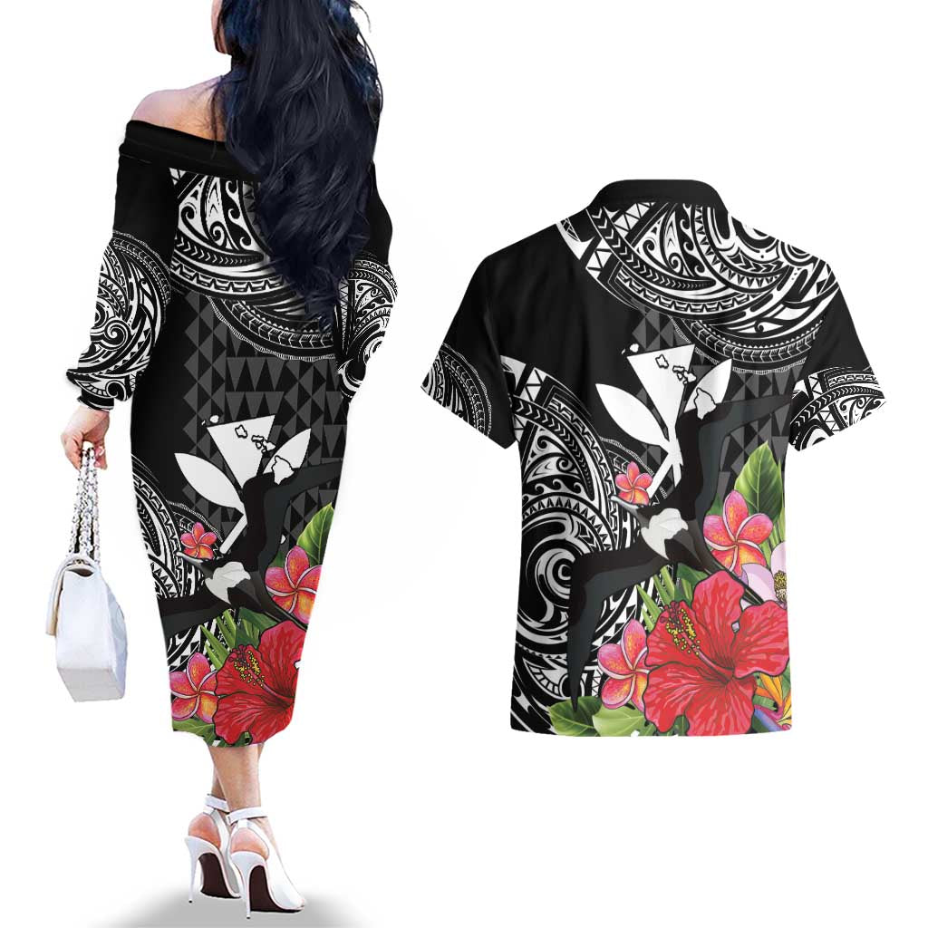 Hawaii Iwa Bird Couples Matching Off The Shoulder Long Sleeve Dress and Hawaiian Shirt Great Frigatebird Kanaka Tropical Flowers - Polynesian Pride