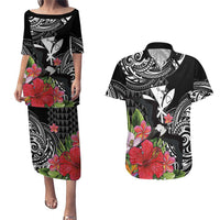 Hawaii Iwa Bird Couples Matching Puletasi and Hawaiian Shirt Great Frigatebird Kanaka Tropical Flowers - Polynesian Pride