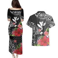 Hawaii Iwa Bird Couples Matching Puletasi and Hawaiian Shirt Great Frigatebird Kanaka Tropical Flowers - Polynesian Pride
