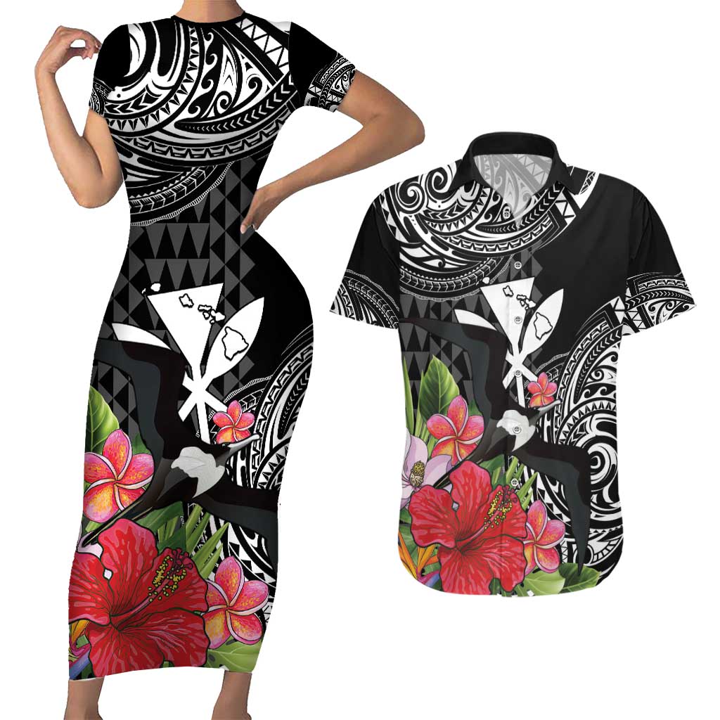 Hawaii Iwa Bird Couples Matching Short Sleeve Bodycon Dress and Hawaiian Shirt Great Frigatebird Kanaka Tropical Flowers - Polynesian Pride