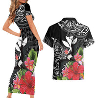 Hawaii Iwa Bird Couples Matching Short Sleeve Bodycon Dress and Hawaiian Shirt Great Frigatebird Kanaka Tropical Flowers - Polynesian Pride