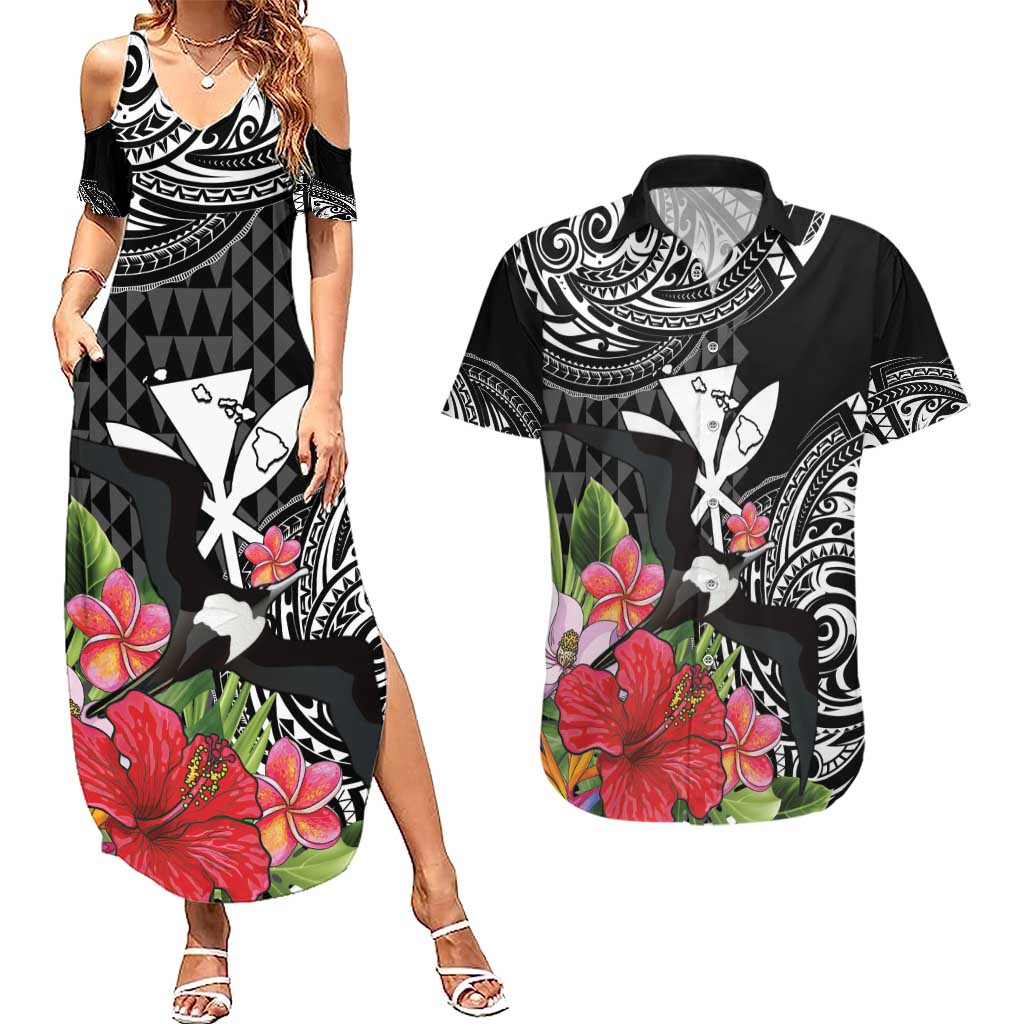 Hawaii Iwa Bird Couples Matching Summer Maxi Dress and Hawaiian Shirt Great Frigatebird Kanaka Tropical Flowers - Polynesian Pride