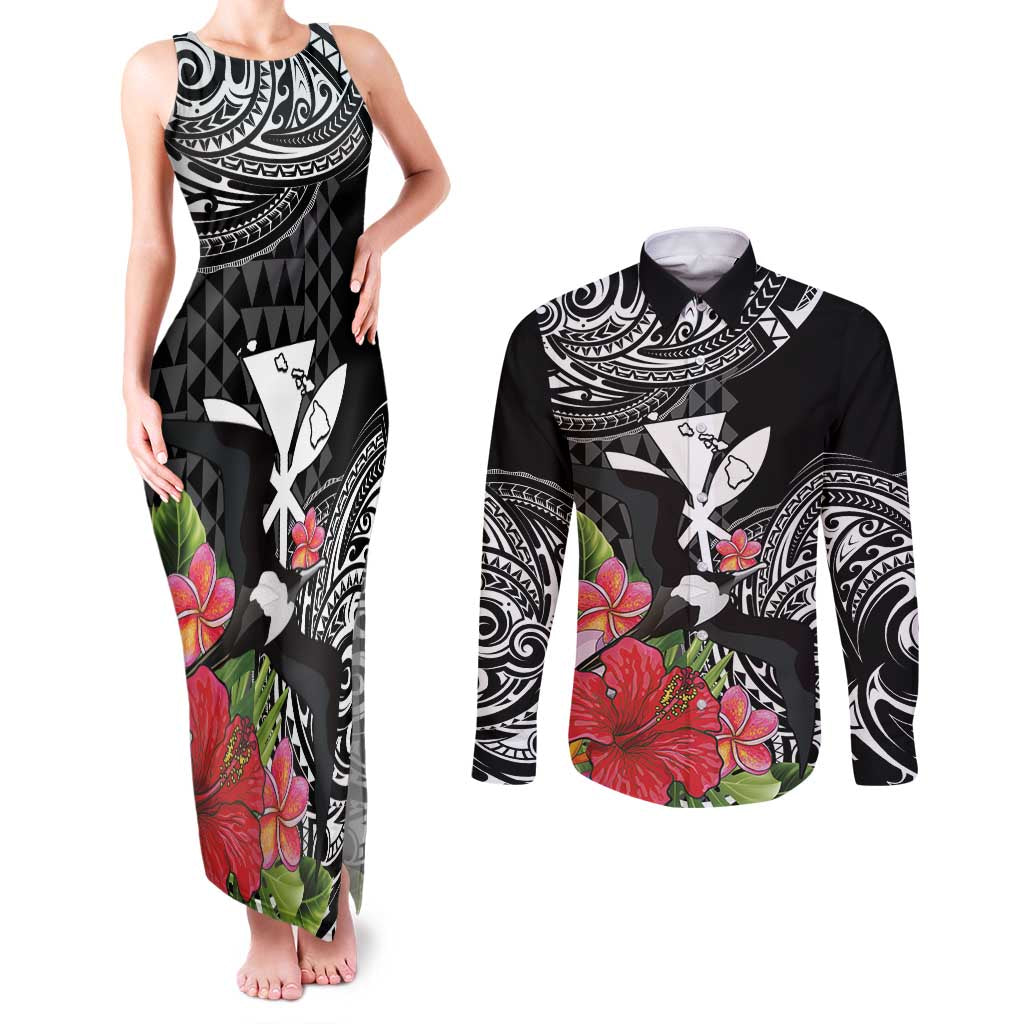 Hawaii Iwa Bird Couples Matching Tank Maxi Dress and Long Sleeve Button Shirt Great Frigatebird Kanaka Tropical Flowers - Polynesian Pride
