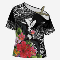 Hawaii Iwa Bird Cross Shoulder Shirt Great Frigatebird Kanaka Tropical Flowers - Polynesian Pride