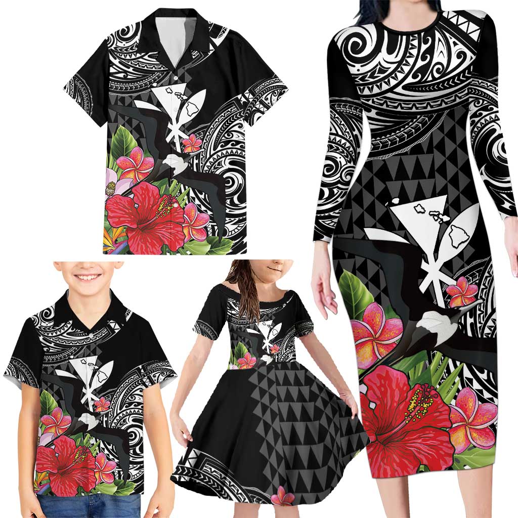 Hawaii Iwa Bird Family Matching Long Sleeve Bodycon Dress and Hawaiian Shirt Great Frigatebird Kanaka Tropical Flowers - Polynesian Pride