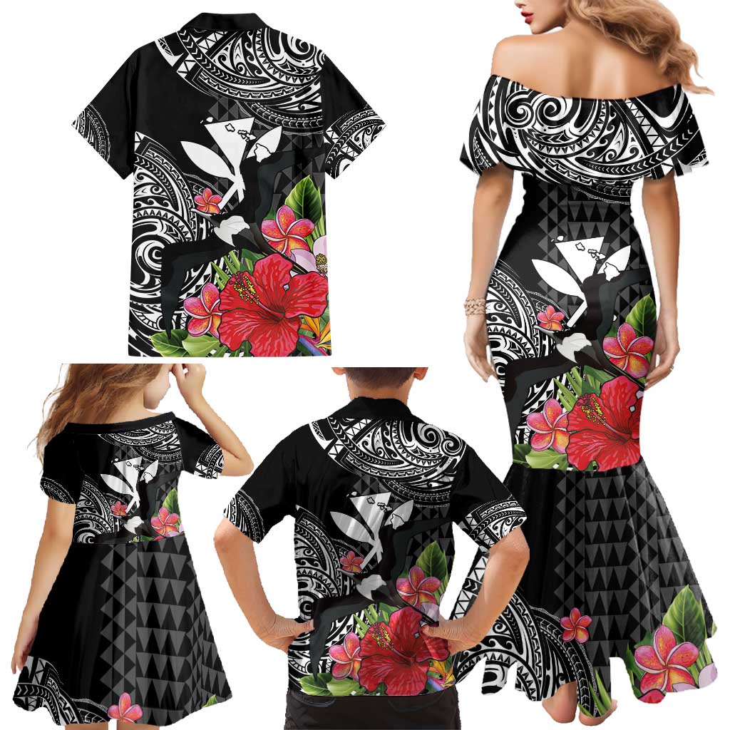 Hawaii Iwa Bird Family Matching Mermaid Dress and Hawaiian Shirt Great Frigatebird Kanaka Tropical Flowers - Polynesian Pride