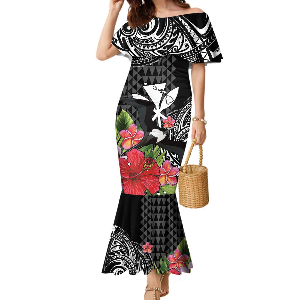 Hawaii Iwa Bird Family Matching Mermaid Dress and Hawaiian Shirt Great Frigatebird Kanaka Tropical Flowers - Polynesian Pride