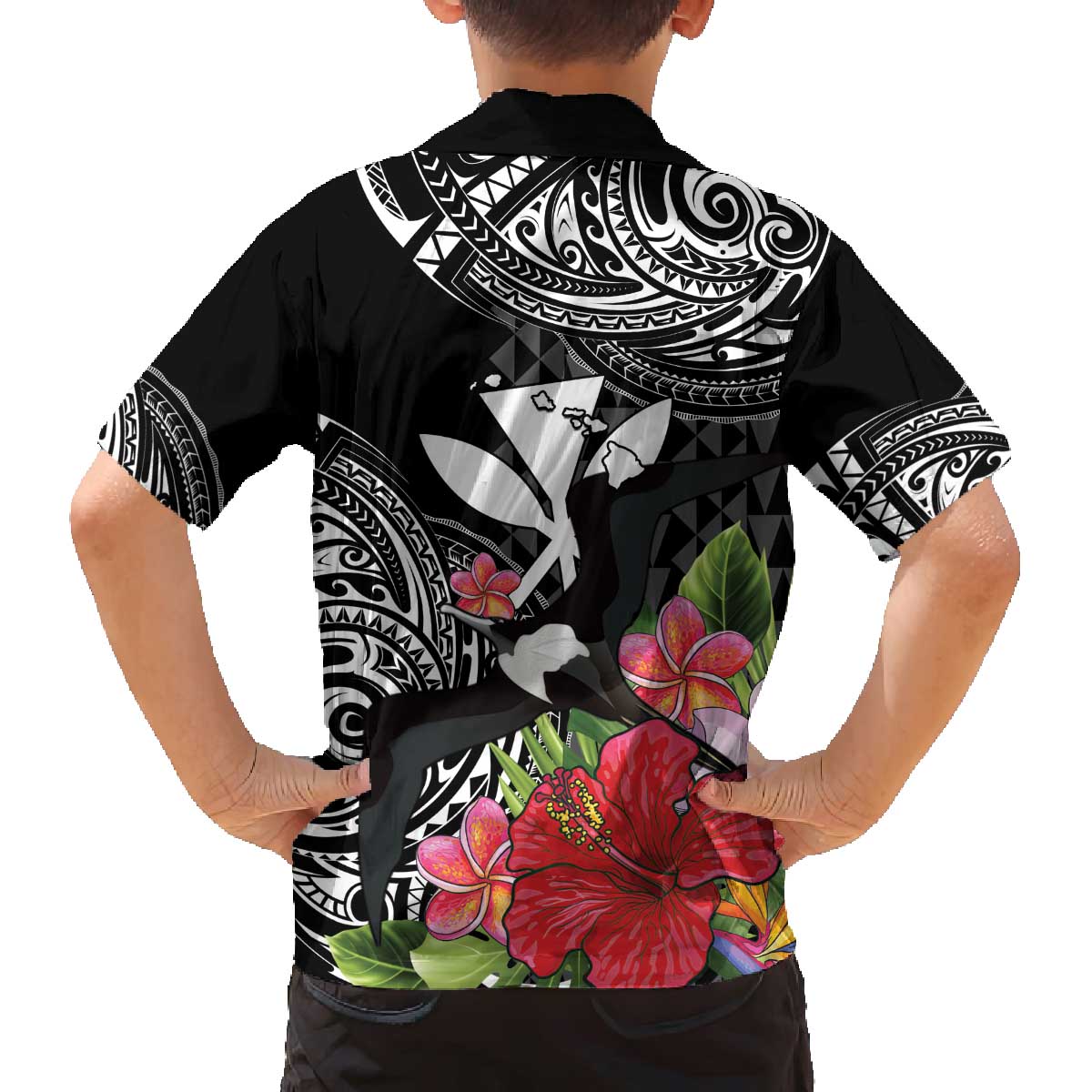 Hawaii Iwa Bird Family Matching Off The Shoulder Long Sleeve Dress and Hawaiian Shirt Great Frigatebird Kanaka Tropical Flowers - Polynesian Pride