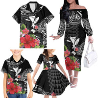 Hawaii Iwa Bird Family Matching Off The Shoulder Long Sleeve Dress and Hawaiian Shirt Great Frigatebird Kanaka Tropical Flowers - Polynesian Pride