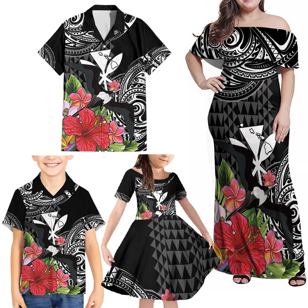 Hawaii Iwa Bird Family Matching Off Shoulder Maxi Dress and Hawaiian Shirt Great Frigatebird Kanaka Tropical Flowers - Polynesian Pride