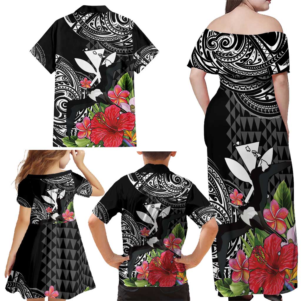 Hawaii Iwa Bird Family Matching Off Shoulder Maxi Dress and Hawaiian Shirt Great Frigatebird Kanaka Tropical Flowers - Polynesian Pride