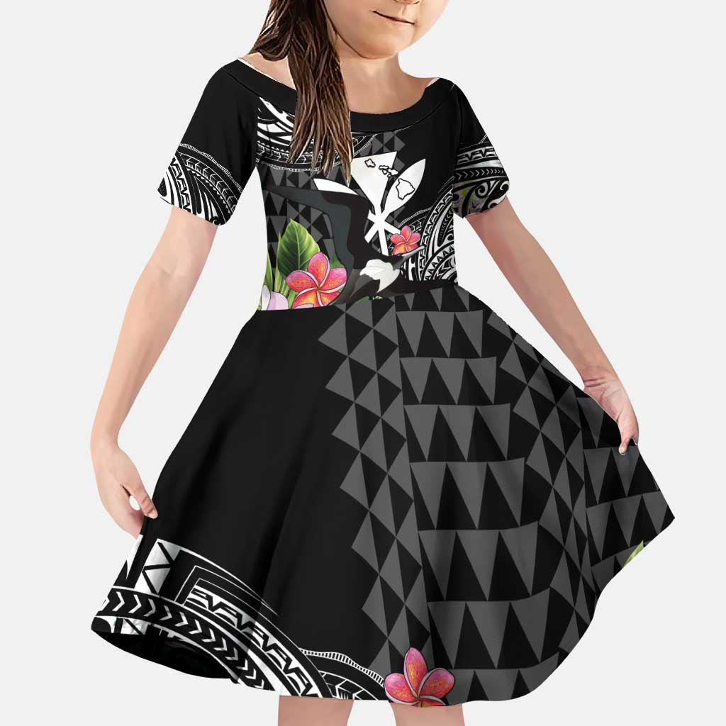 Hawaii Iwa Bird Family Matching Puletasi and Hawaiian Shirt Great Frigatebird Kanaka Tropical Flowers LT14 Daughter's Dress Black - Polynesian Pride