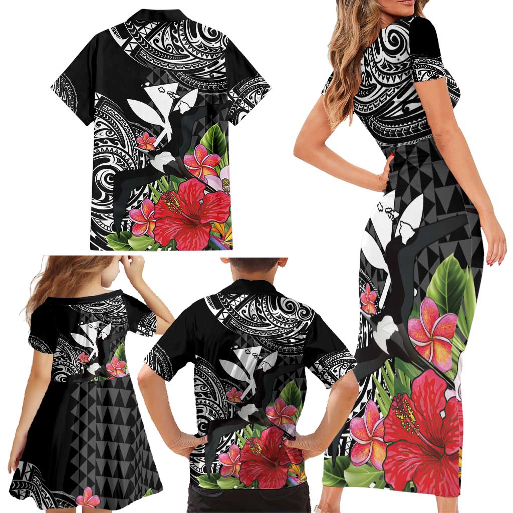Hawaii Iwa Bird Family Matching Short Sleeve Bodycon Dress and Hawaiian Shirt Great Frigatebird Kanaka Tropical Flowers - Polynesian Pride