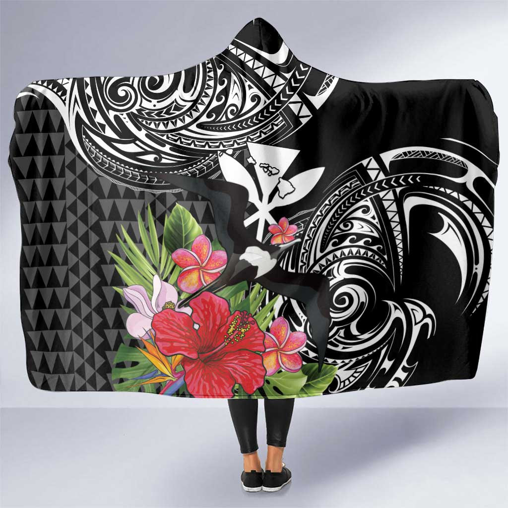 Hawaii Iwa Bird Hooded Blanket Great Frigatebird Kanaka Tropical Flowers - Polynesian Pride