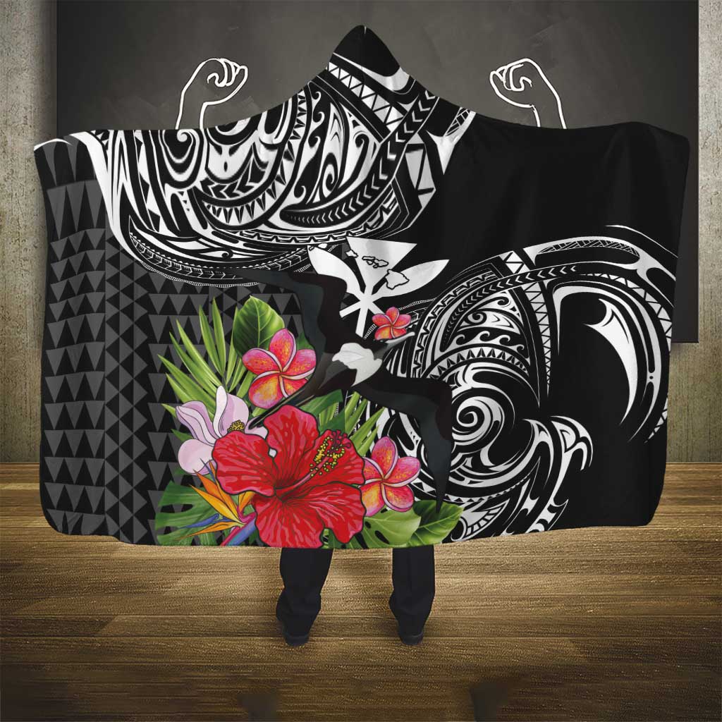 Hawaii Iwa Bird Hooded Blanket Great Frigatebird Kanaka Tropical Flowers - Polynesian Pride