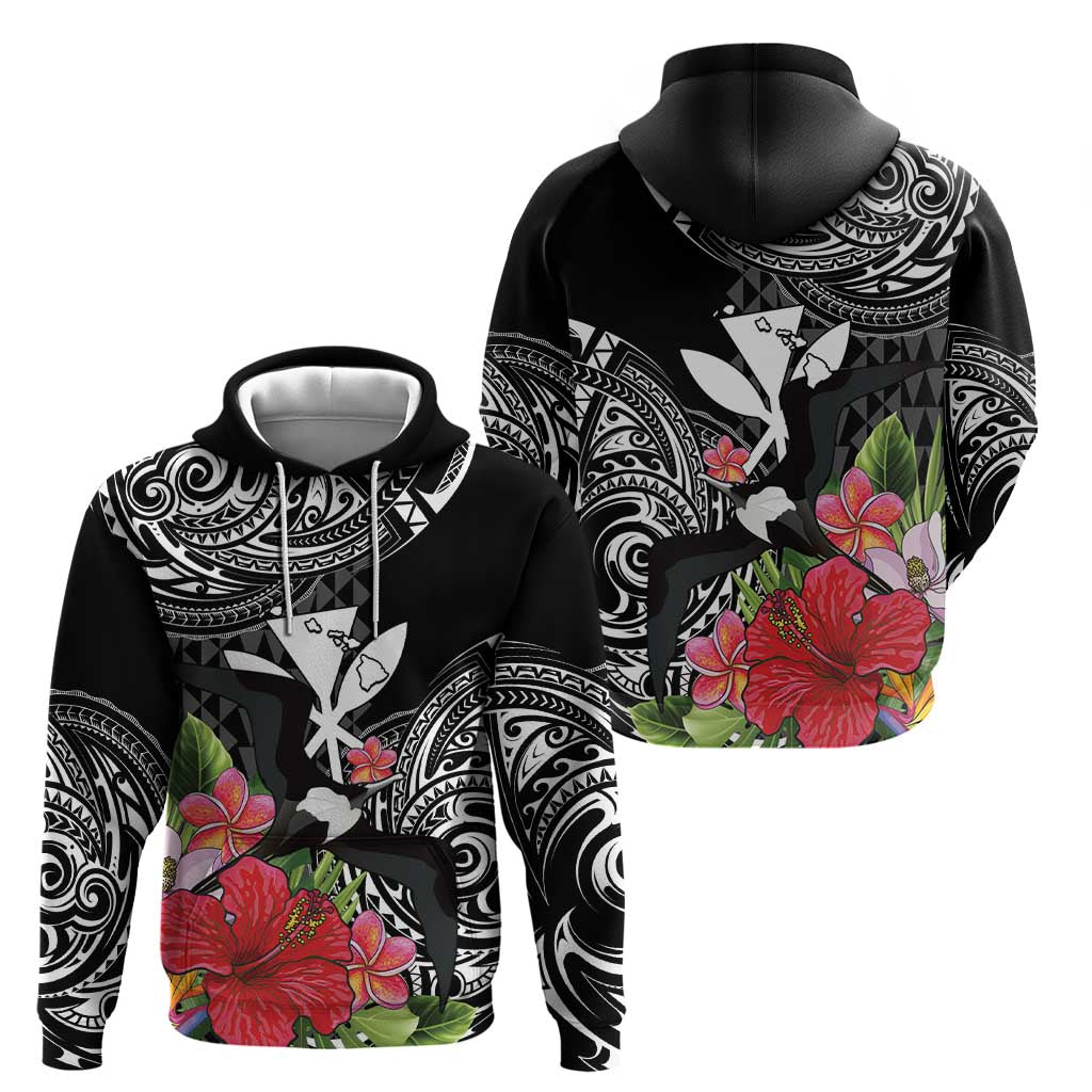 Hawaii Iwa Bird Hoodie Great Frigatebird Kanaka Tropical Flowers - Polynesian Pride