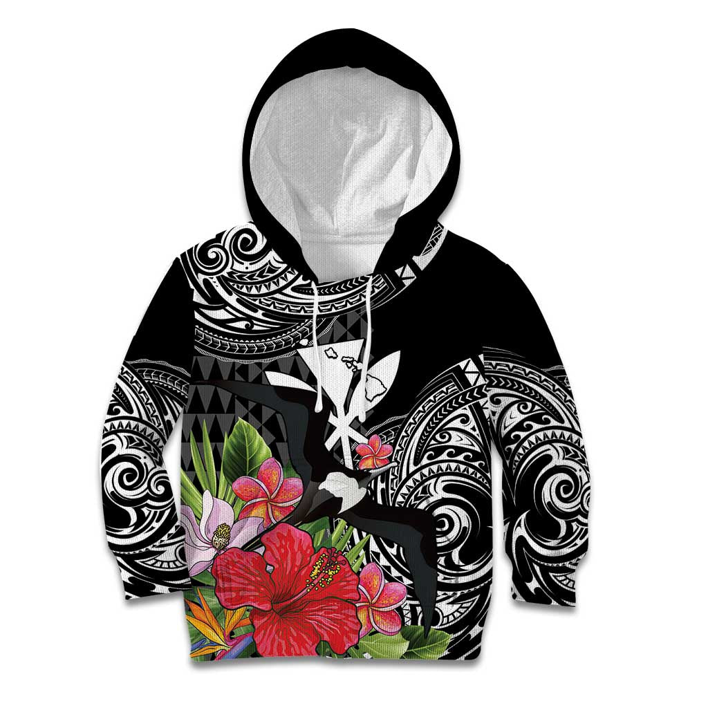 Hawaii Iwa Bird Kid Hoodie Great Frigatebird Kanaka Tropical Flowers - Polynesian Pride