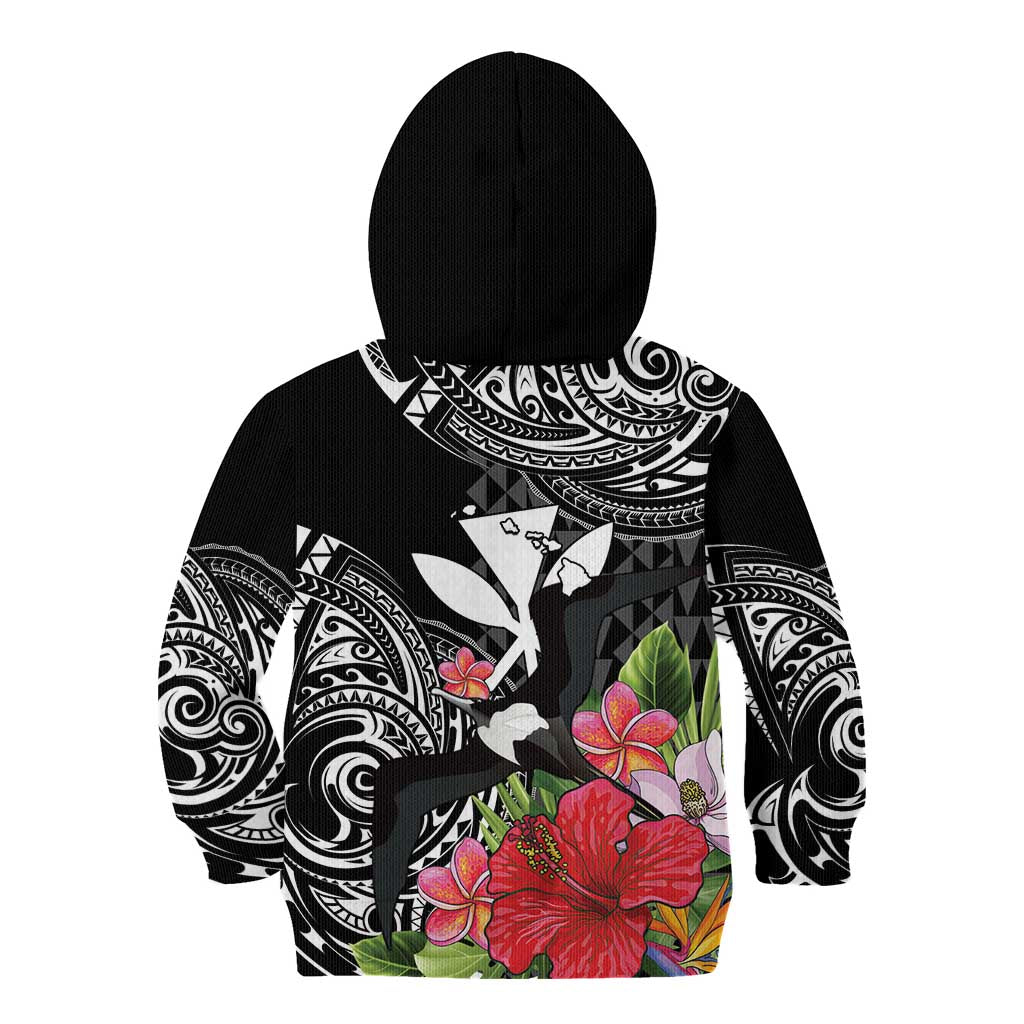 Hawaii Iwa Bird Kid Hoodie Great Frigatebird Kanaka Tropical Flowers - Polynesian Pride