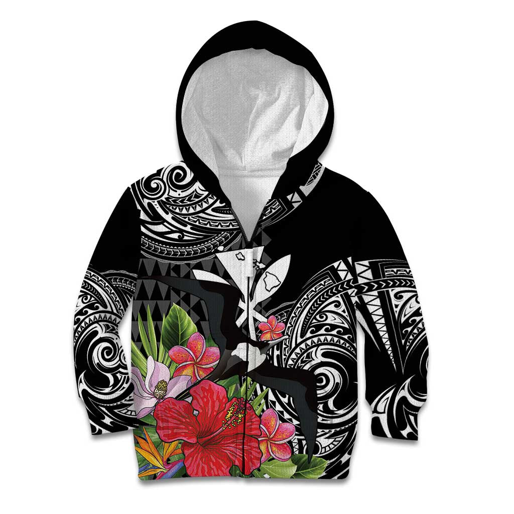 Hawaii Iwa Bird Kid Hoodie Great Frigatebird Kanaka Tropical Flowers - Polynesian Pride