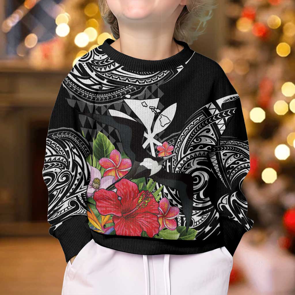 Hawaii Iwa Bird Kid Ugly Christmas Sweater Great Frigatebird Kanaka Tropical Flowers - Polynesian Pride