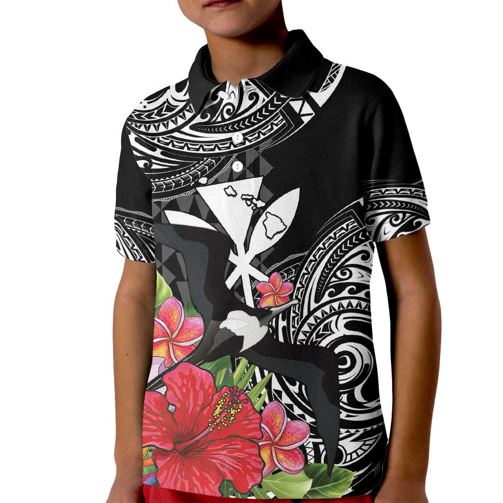 Hawaii Iwa Bird Kid Polo Shirt Great Frigatebird Kanaka Tropical Flowers - Polynesian Pride