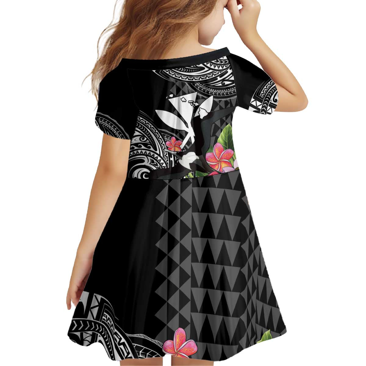 Hawaii Iwa Bird Kid Short Sleeve Dress Great Frigatebird Kanaka Tropical Flowers - Polynesian Pride