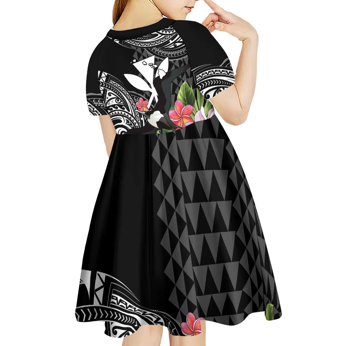 Hawaii Iwa Bird Kid Short Sleeve Dress Great Frigatebird Kanaka Tropical Flowers - Polynesian Pride