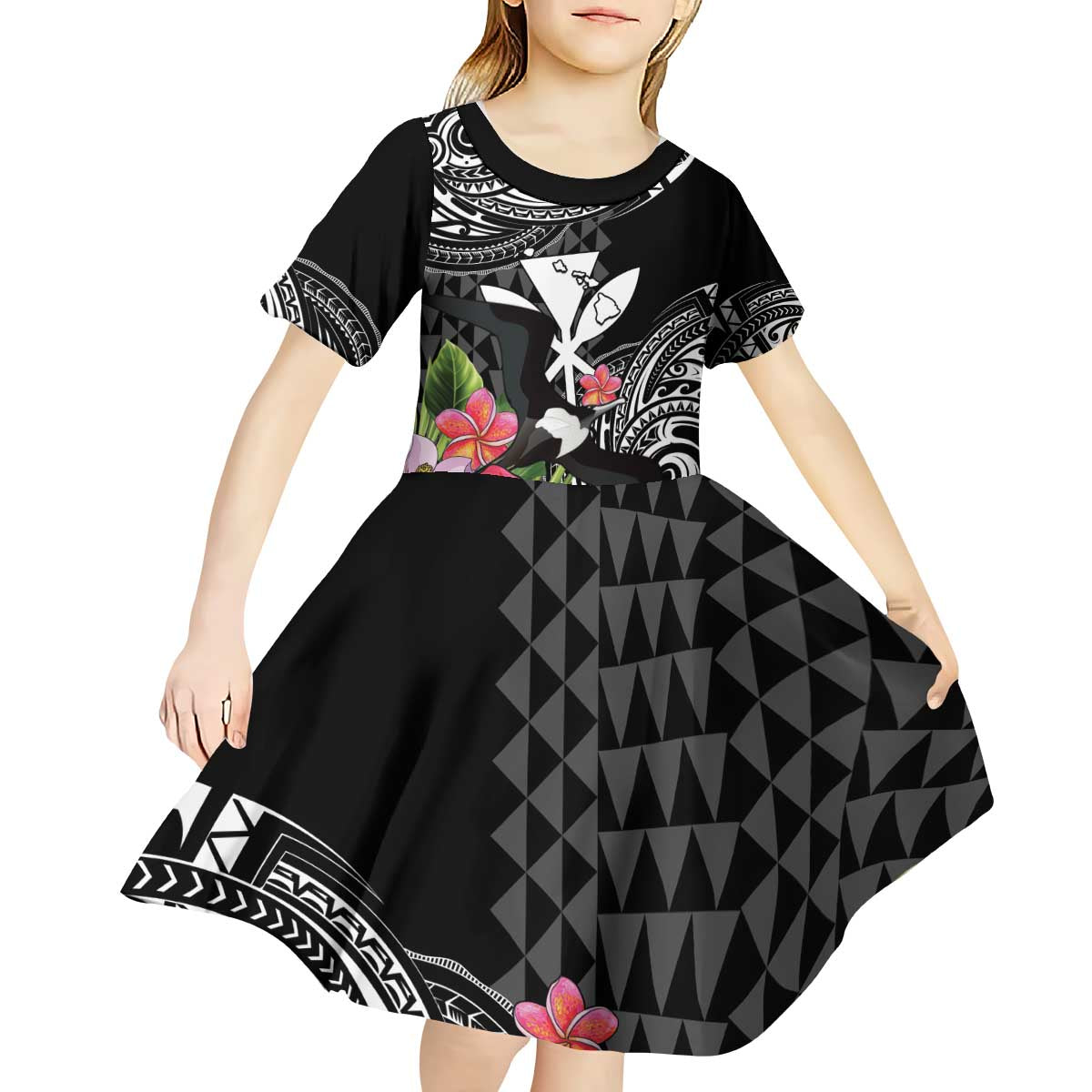 Hawaii Iwa Bird Kid Short Sleeve Dress Great Frigatebird Kanaka Tropical Flowers - Polynesian Pride