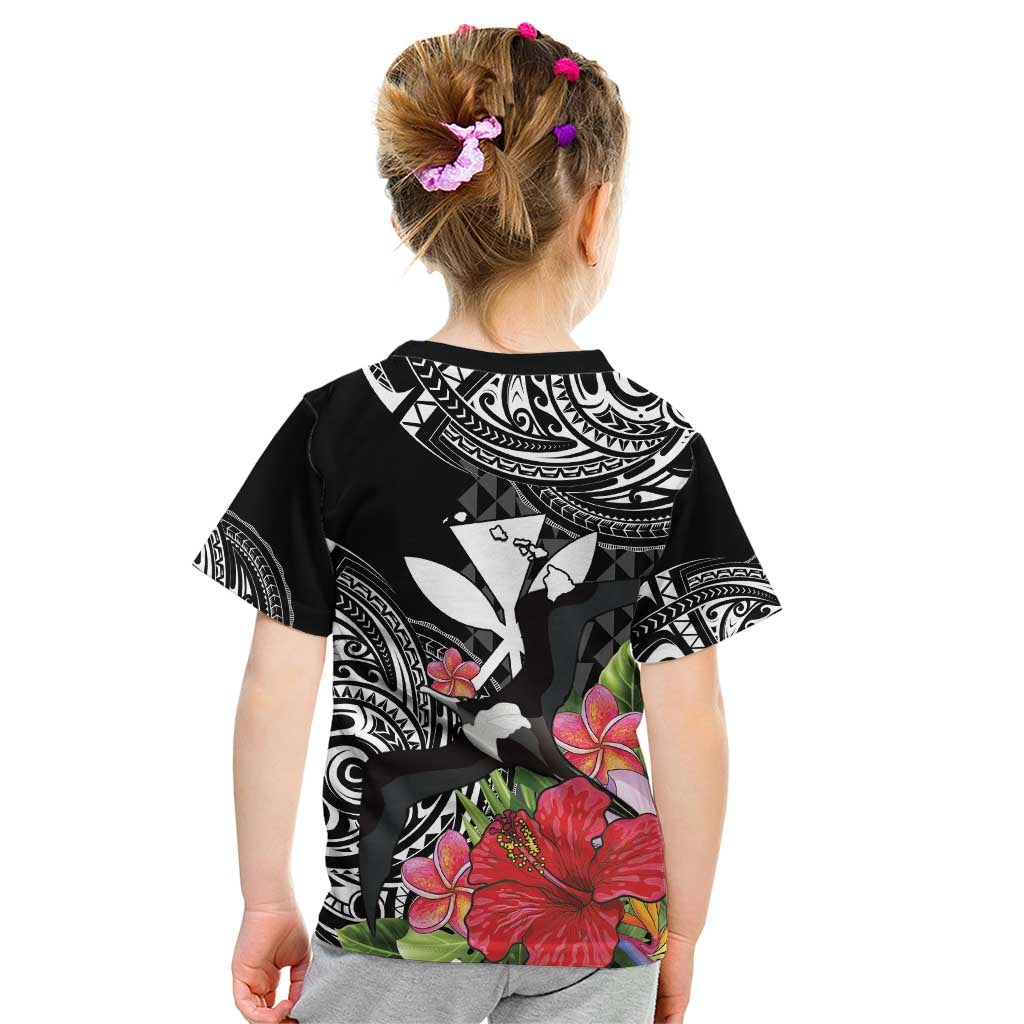 Hawaii Iwa Bird Kid T Shirt Great Frigatebird Kanaka Tropical Flowers - Polynesian Pride