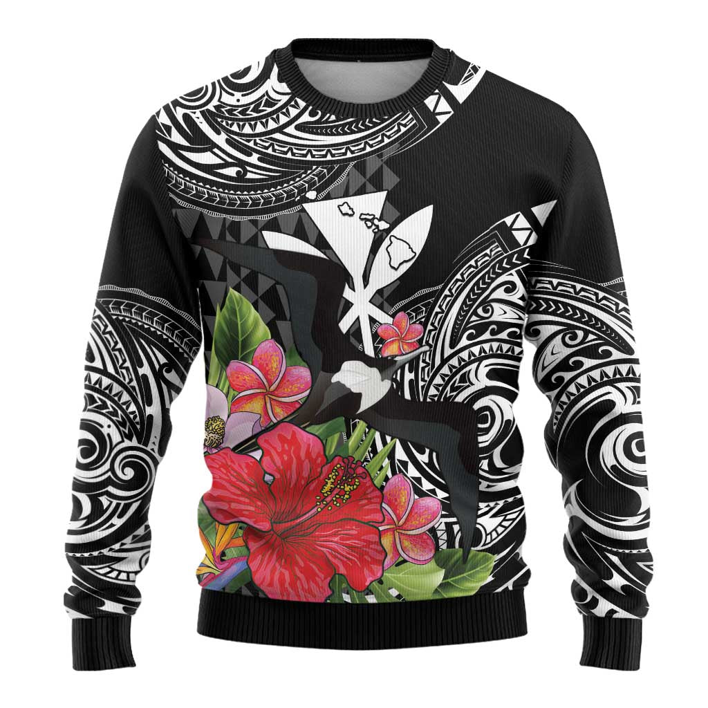 Hawaii Iwa Bird Ugly Christmas Sweater Great Frigatebird Kanaka Tropical Flowers - Polynesian Pride