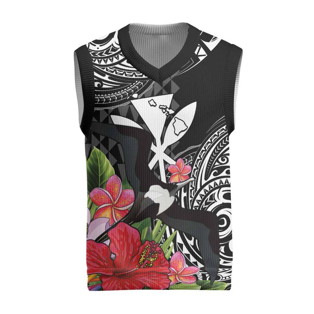 Hawaii Iwa Bird Christmas Knitted V-Neck Vest Great Frigatebird Kanaka Tropical Flowers - Polynesian Pride