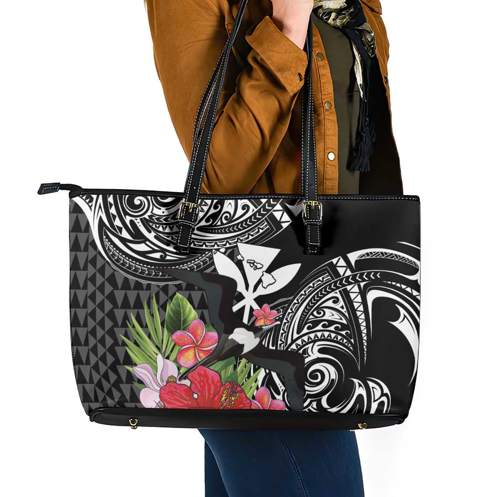 Hawaii Iwa Bird Leather Tote Bag Great Frigatebird Kanaka Tropical Flowers - Polynesian Pride