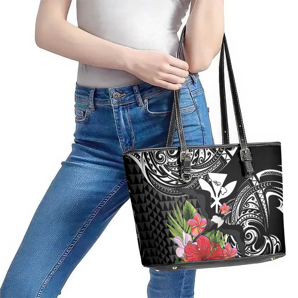 Hawaii Iwa Bird Leather Tote Bag Great Frigatebird Kanaka Tropical Flowers - Polynesian Pride