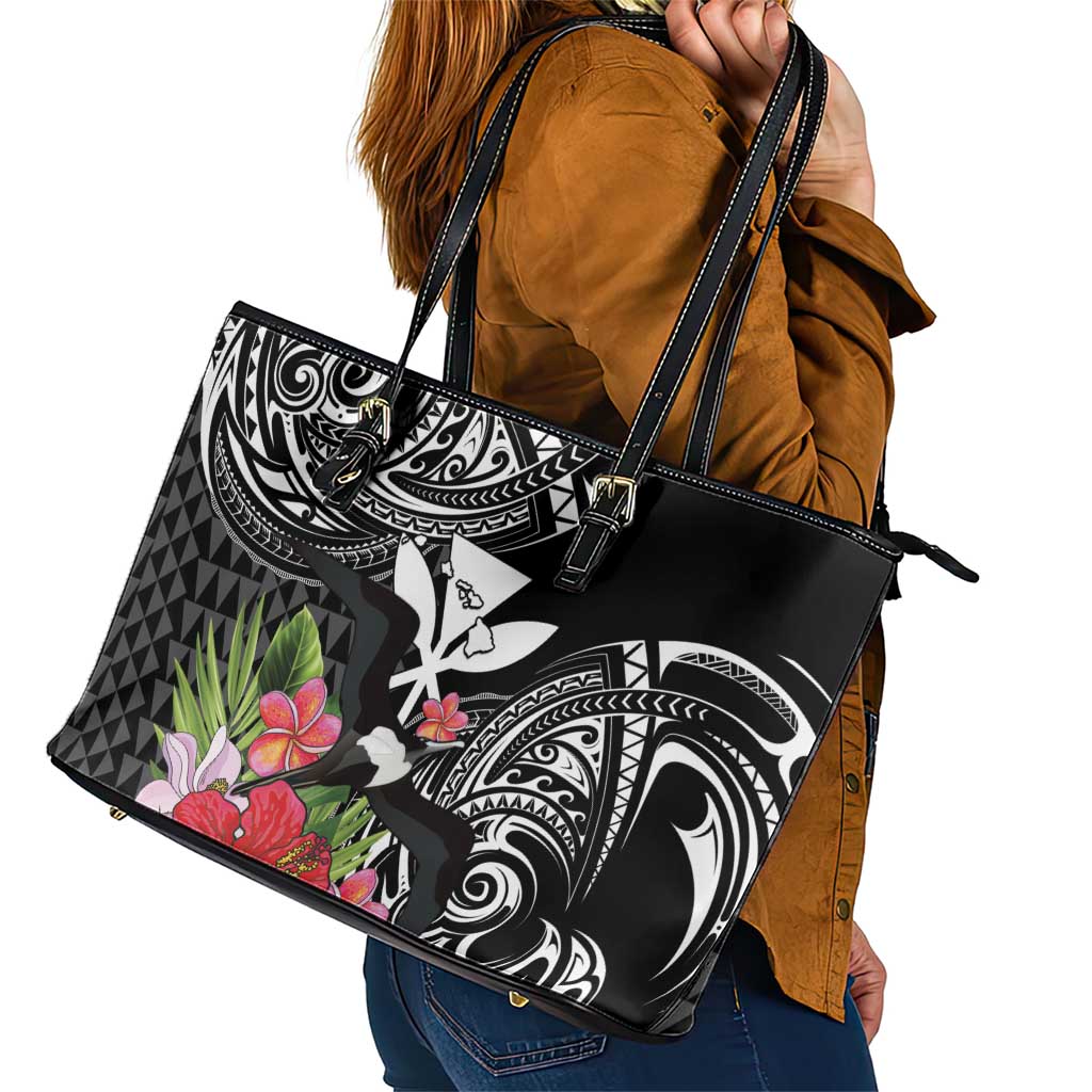 Hawaii Iwa Bird Leather Tote Bag Great Frigatebird Kanaka Tropical Flowers - Polynesian Pride
