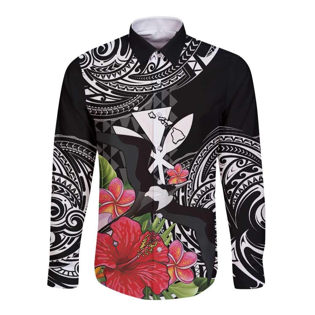 Hawaii Iwa Bird Long Sleeve Button Shirt Great Frigatebird Kanaka Tropical Flowers - Polynesian Pride