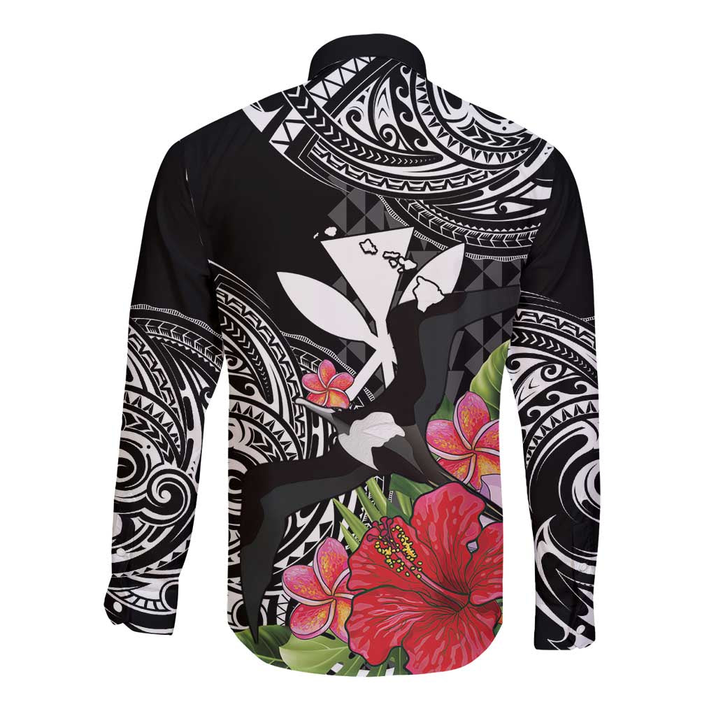 Hawaii Iwa Bird Long Sleeve Button Shirt Great Frigatebird Kanaka Tropical Flowers - Polynesian Pride