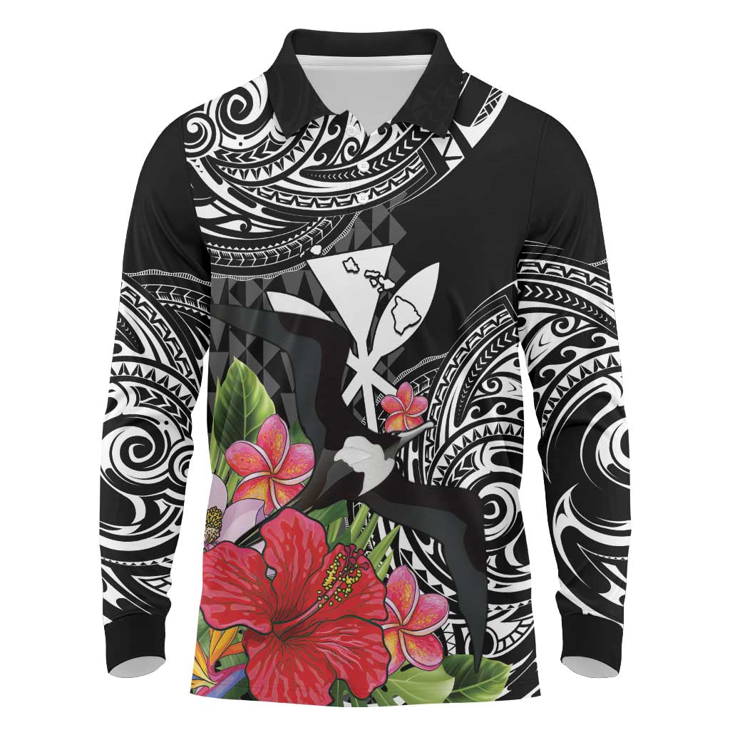 Hawaii Iwa Bird Long Sleeve Polo Shirt Great Frigatebird Kanaka Tropical Flowers - Polynesian Pride