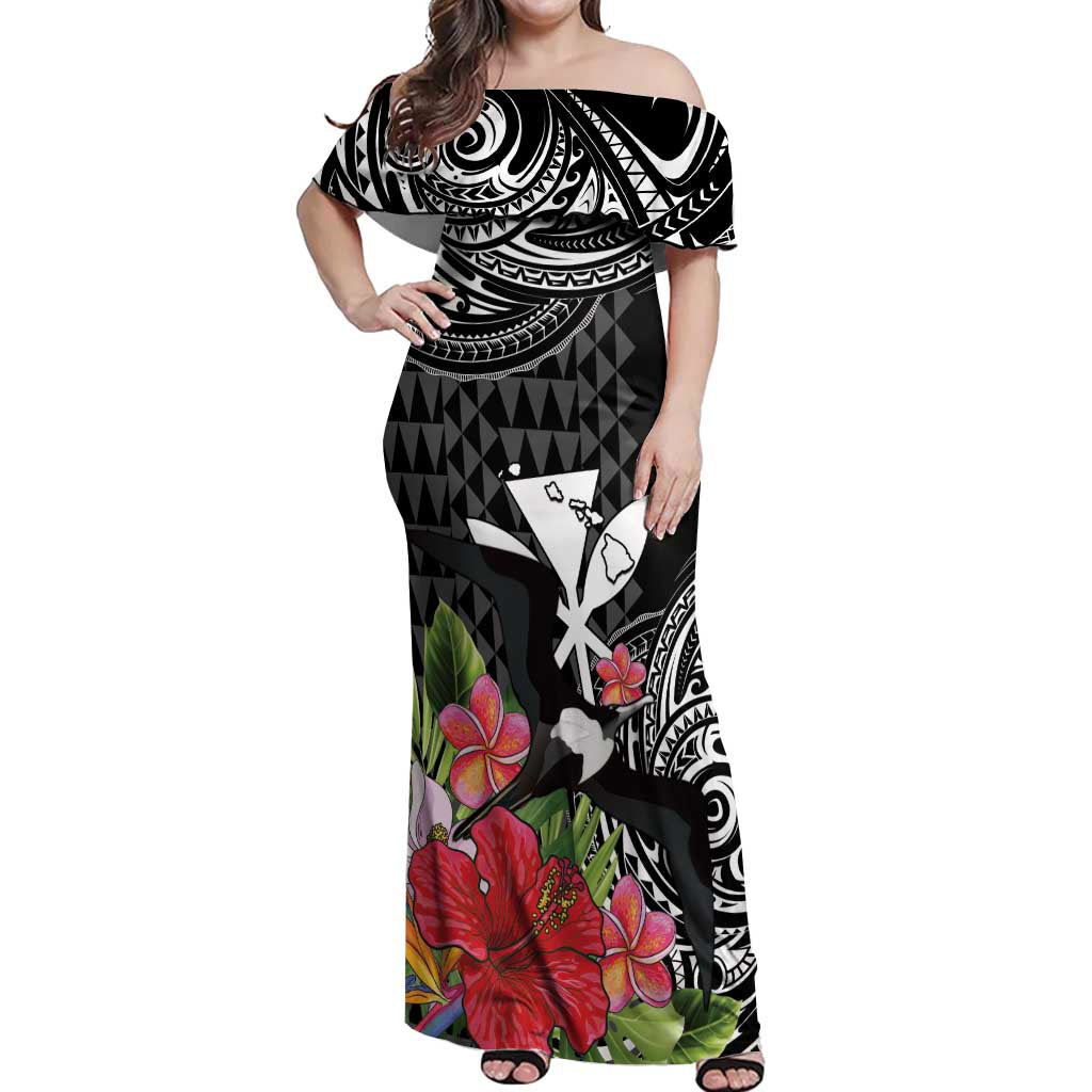 Hawaii Iwa Bird Off Shoulder Maxi Dress Great Frigatebird Kanaka Tropical Flowers - Polynesian Pride