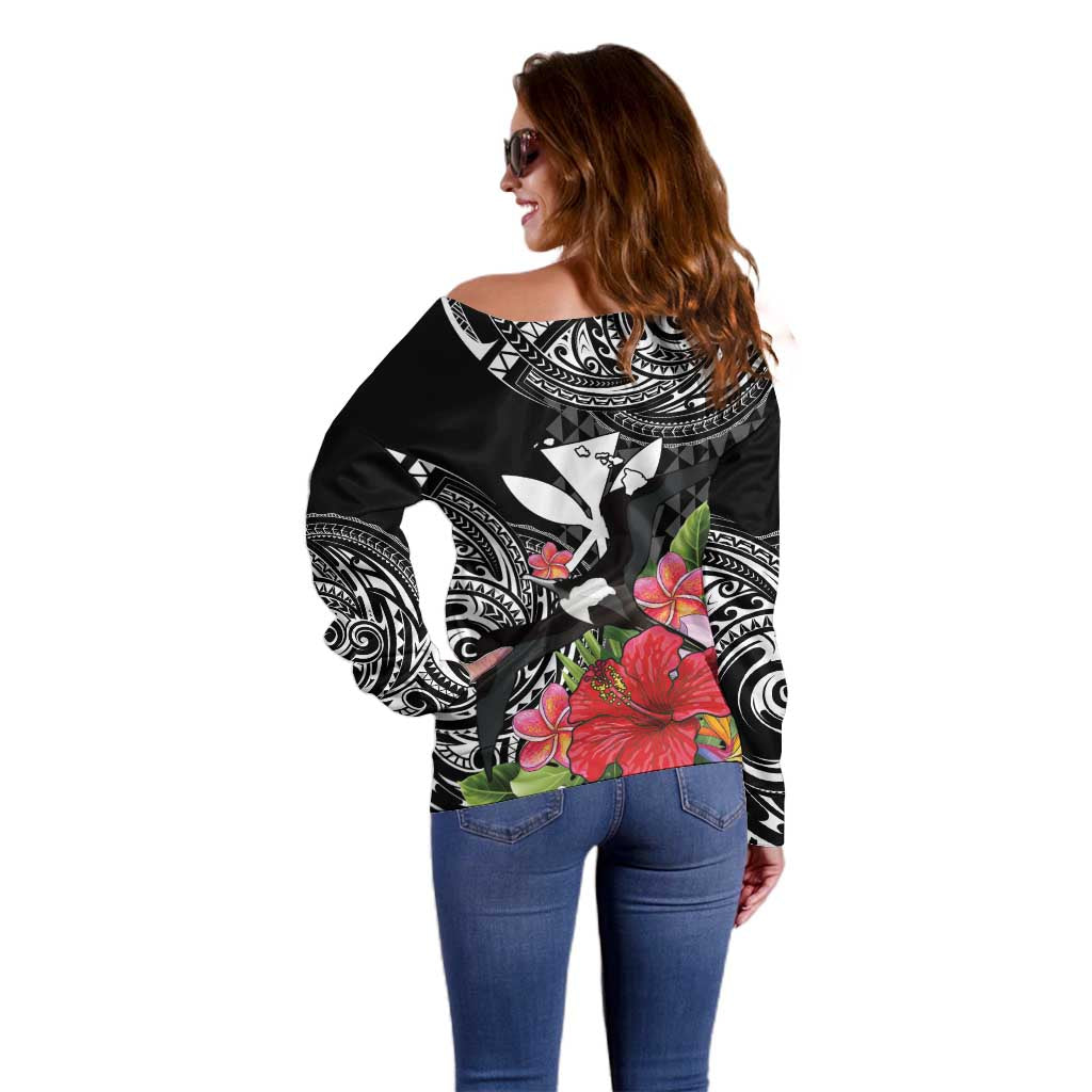 Hawaii Iwa Bird Off Shoulder Sweater Great Frigatebird Kanaka Tropical Flowers - Polynesian Pride