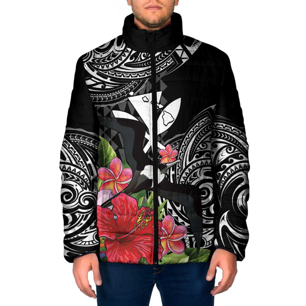 Hawaii Iwa Bird Padded Jacket Great Frigatebird Kanaka Tropical Flowers - Polynesian Pride
