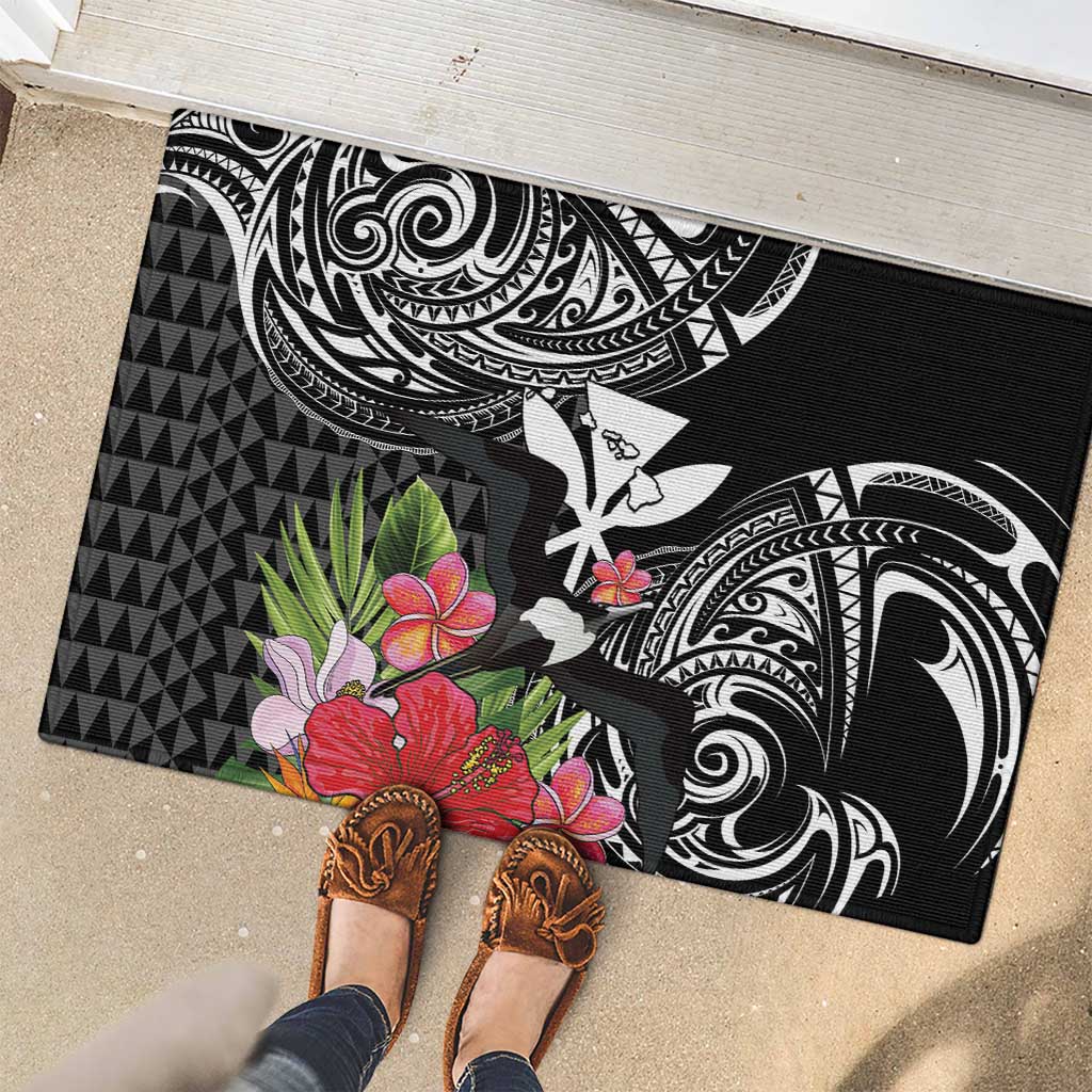 Hawaii Iwa Bird Rubber Doormat Great Frigatebird Kanaka Tropical Flowers - Polynesian Pride