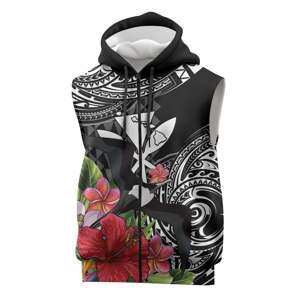 Hawaii Iwa Bird Sleeveless Zip Hoodie Great Frigatebird Kanaka Tropical Flowers - Polynesian Pride