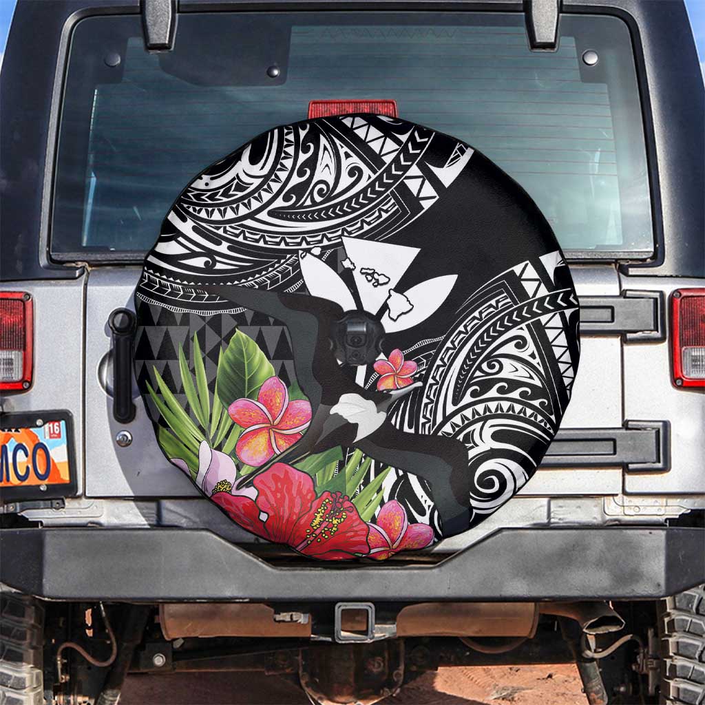 Hawaii Iwa Bird Spare Tire Cover Great Frigatebird Kanaka Tropical Flowers - Polynesian Pride