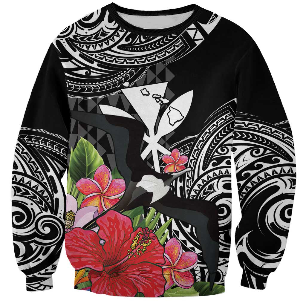 Hawaii Iwa Bird Sweatshirt Great Frigatebird Kanaka Tropical Flowers - Polynesian Pride