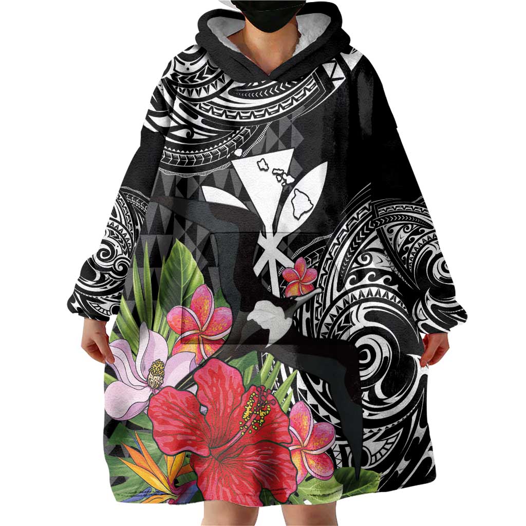 Hawaii Iwa Bird Wearable Blanket Hoodie Great Frigatebird Kanaka Tropical Flowers - Polynesian Pride