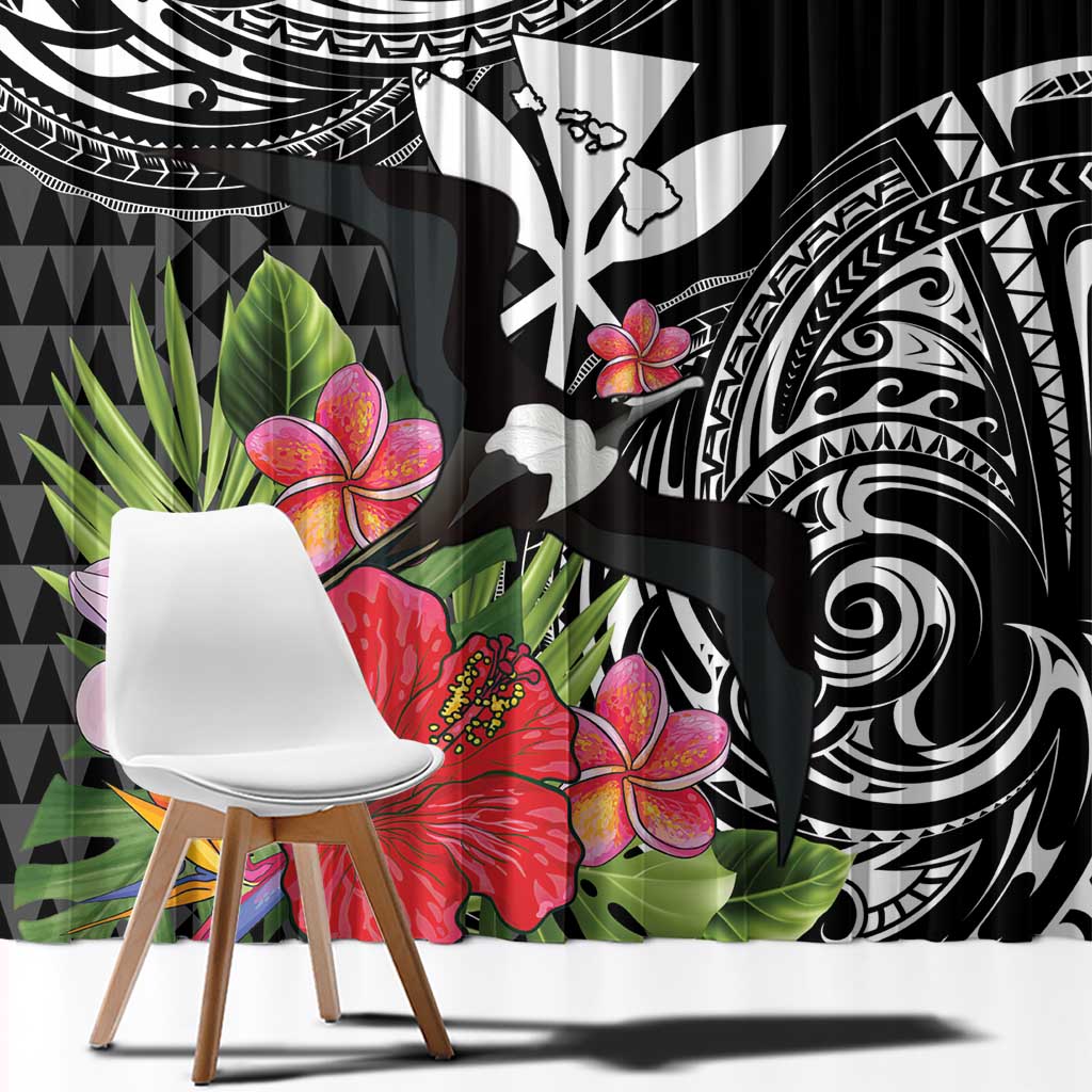 Hawaii Iwa Bird Window Curtain Great Frigatebird Kanaka Tropical Flowers - Polynesian Pride
