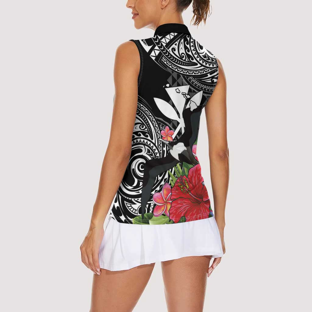 Hawaii Iwa Bird Women Sleeveless Polo Shirt Great Frigatebird Kanaka Tropical Flowers - Polynesian Pride